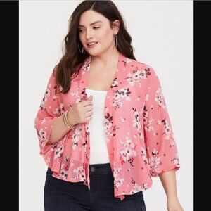TORRID PINK FLORAL CHIFFON SHORT SLEEVE KIMONO